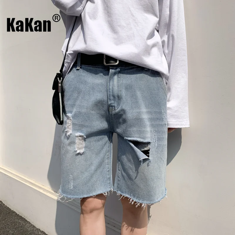 Kakan - New Trendy Brand Distressed Thin Denim Jeans, Summer Men's Casual Straight Leg Pants with A Quarter Length Jeans 29-N605