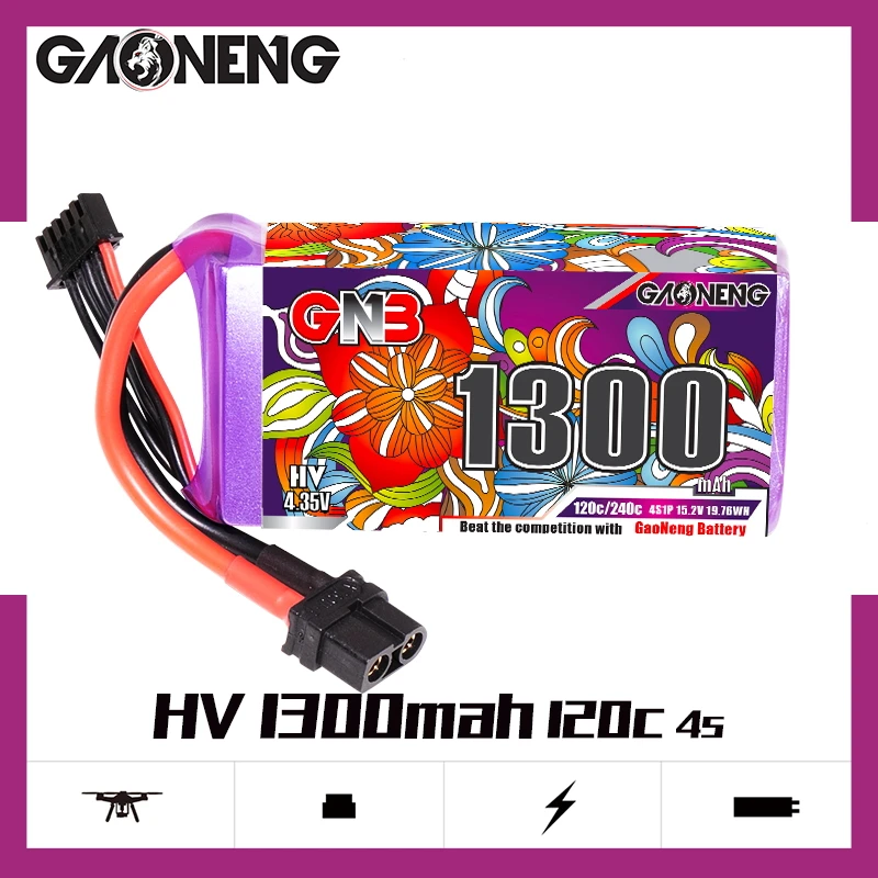

GAONENG GNB 4S1P 1300mAh 15.2V 120C Light Weight High Power Long Fly Times LiHV Lipo Battery With XT60 Plug For FPV Racing Drone