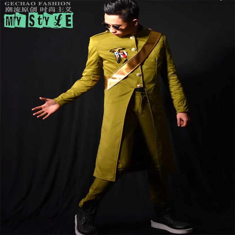 Nightclub short coats mens jackets singer stage dance male singer army green long collar clothes Bar costume accessories