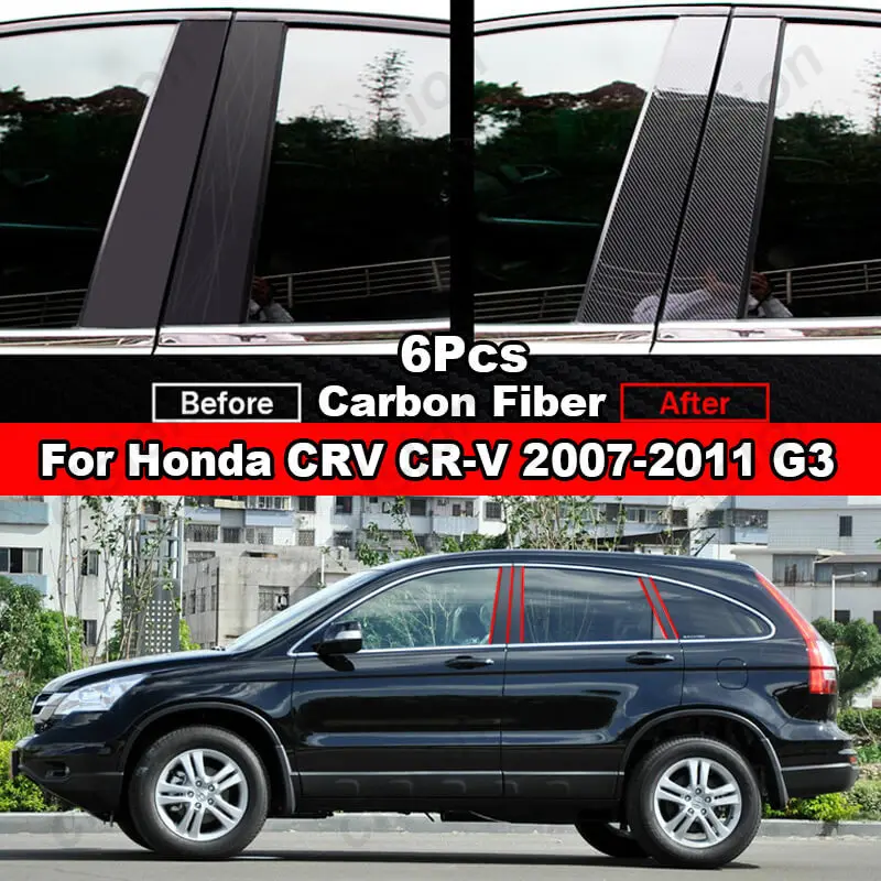 

6x Glossy Carbon Fiber Black Car Door Window Center Column BC Pillar Post Trim PC Material Sticker For Honda CRV CR-V 2007-2011
