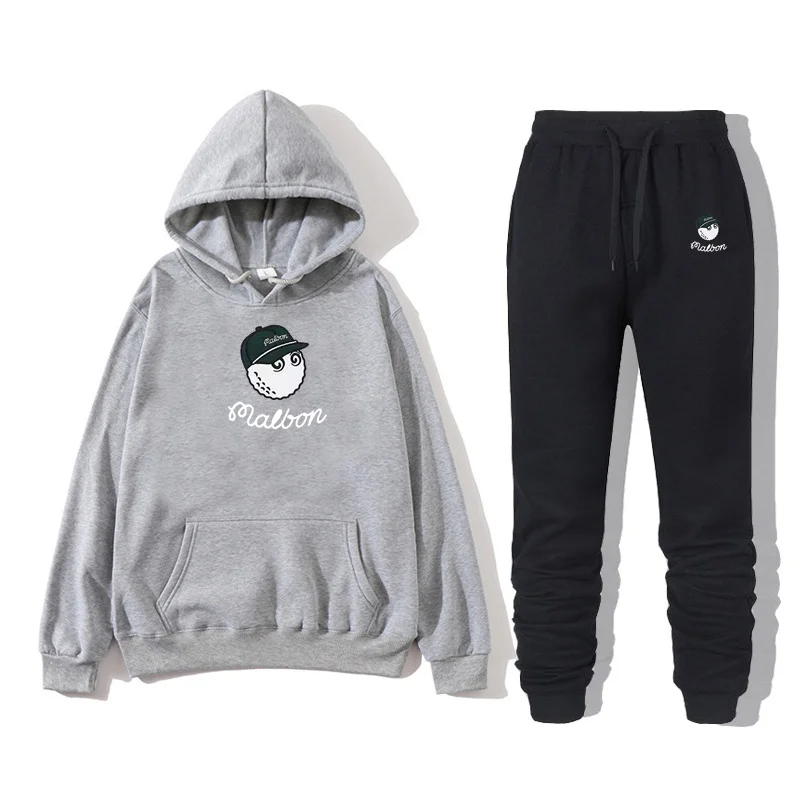 

2022 Winter Men's Fashion Casual Cashmere Set Windproof Warm Sweatshirt Malben Golf Wear Fleece Couple Hoodie+Jogging Pants