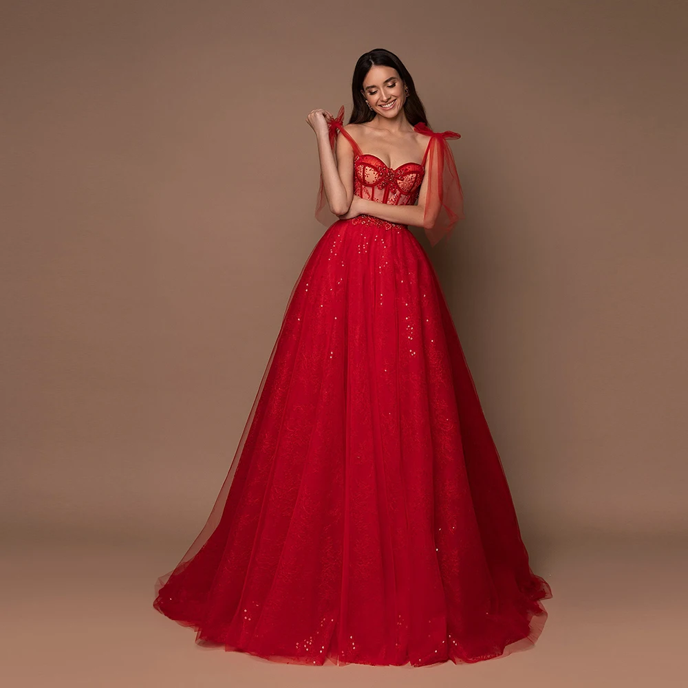 

Formal Wedding Prom Party Gown For Woman Spaghetti Straps A Line Elegant Lace Evening Dress Sweetheart Sweep Train Robe Mariage