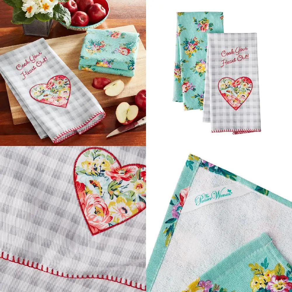 

Elegant Heart Design Kitchen Towel Set with 2 Pieces - Bright Multicolor, 16 Inches - Extra Soft and Durable Towels for Your Hom