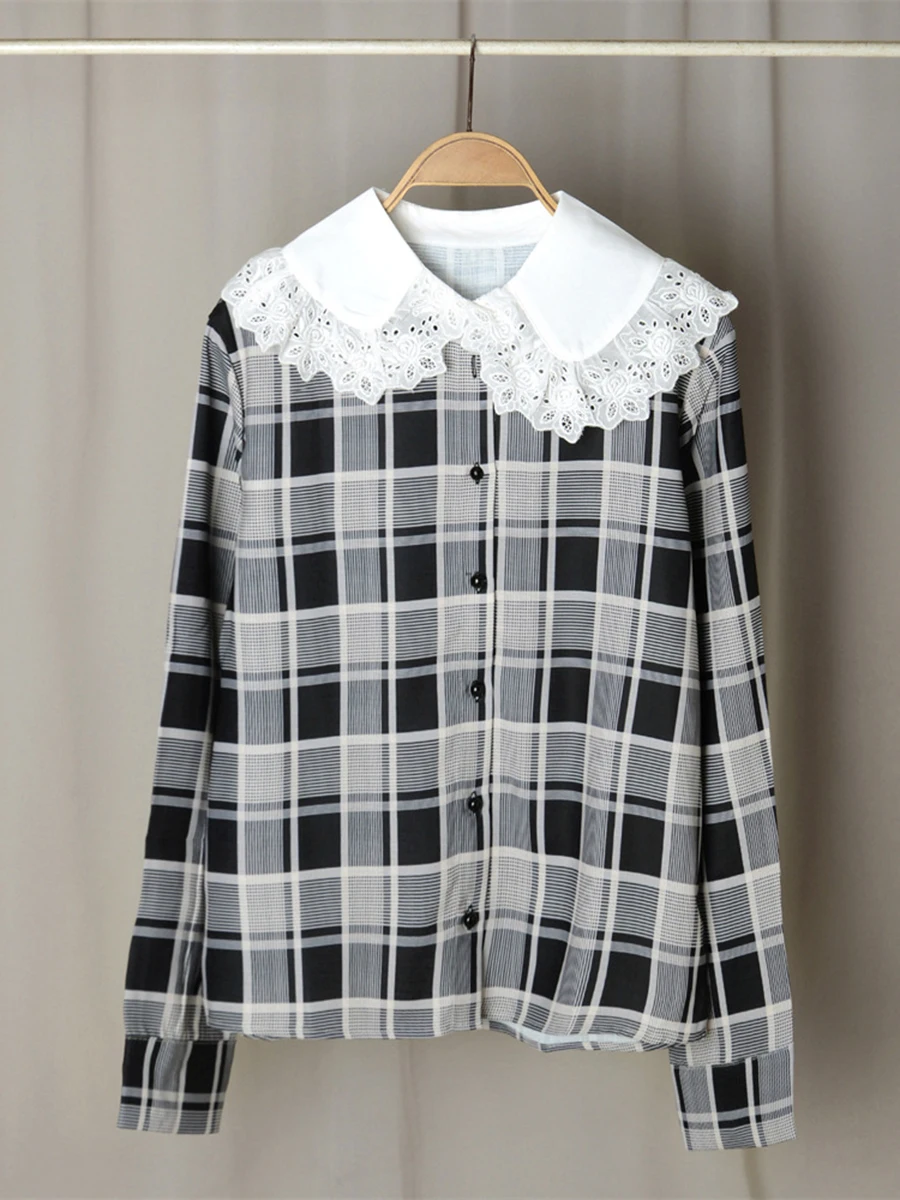 

French Plaid Blouses Women Long Sleeve Peter Pan Collar Embroidered Shirts Hauts 2023 Spring Vintage Elegant Femme Shirt