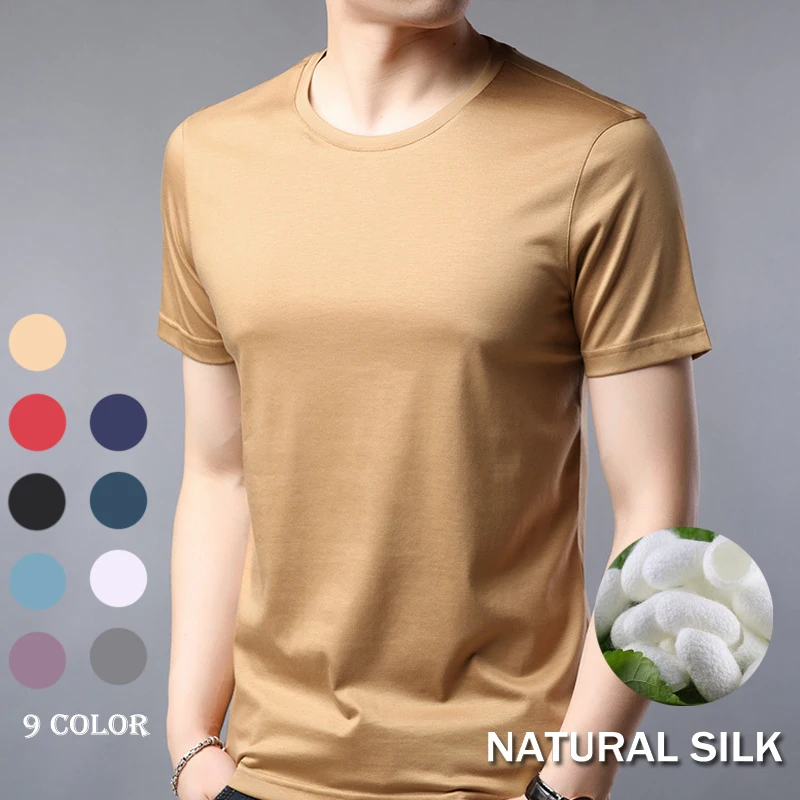 

9 Color Silk Blended Men's Short Sleeve T-shirt Summer Plain Round Neck High Quality Undershirt Tops Men Clothes Solid Black Red