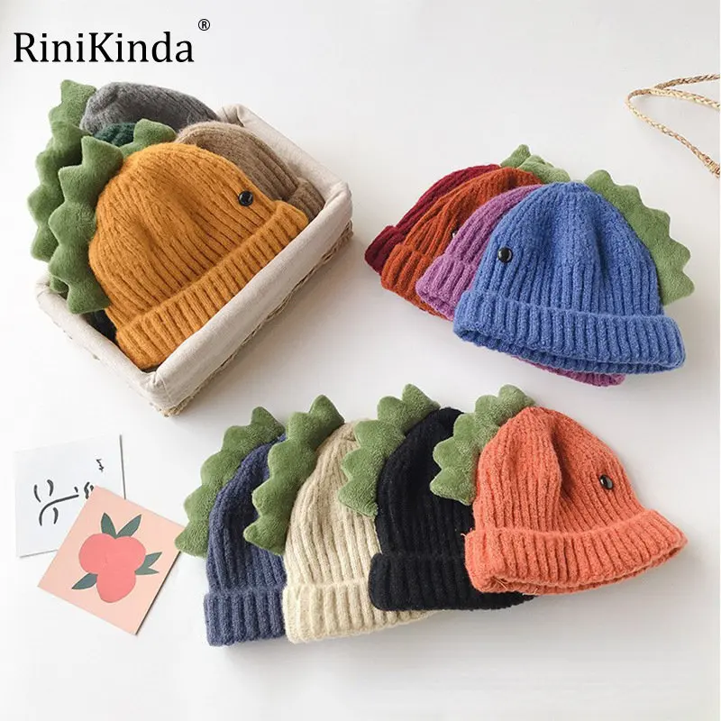 

RiniKinda Children's Knitted Hat Cute Three-dimensional Dinosaur Baby Hats Solid Color Autumn Winter Warm Baby Newborn Wool Hat