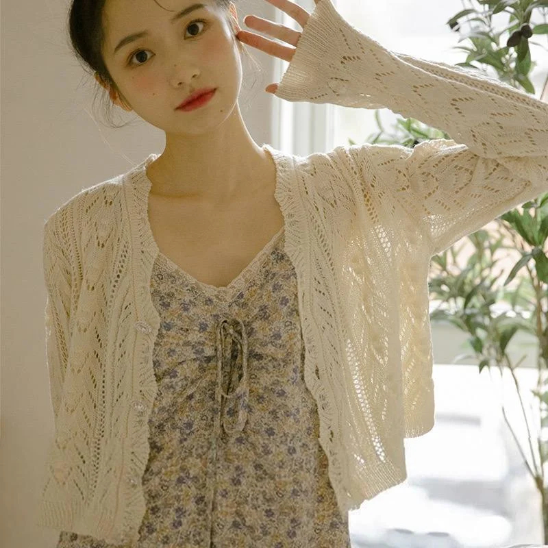 

New Hollow Small Fragrant Wind Knit Sun Protection Cardigan Women's Short Shawl Summertime Smock Waistcoat Outside Cardigan
