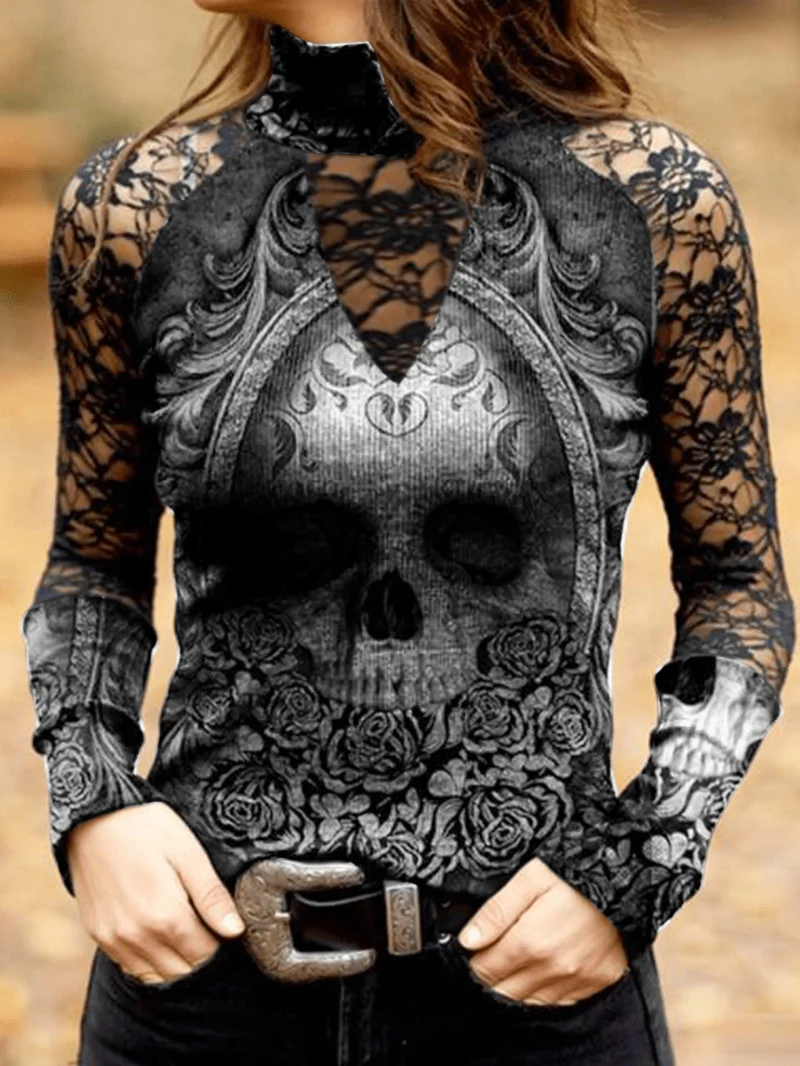 Купи 2022 Autumn New Women's Tops Skull Print Openwork Sexy Lace High Collar Long Sleeve T-Shirt Ladies Fashion Casual Loose T Shirts за 525 рублей в магазине AliExpress