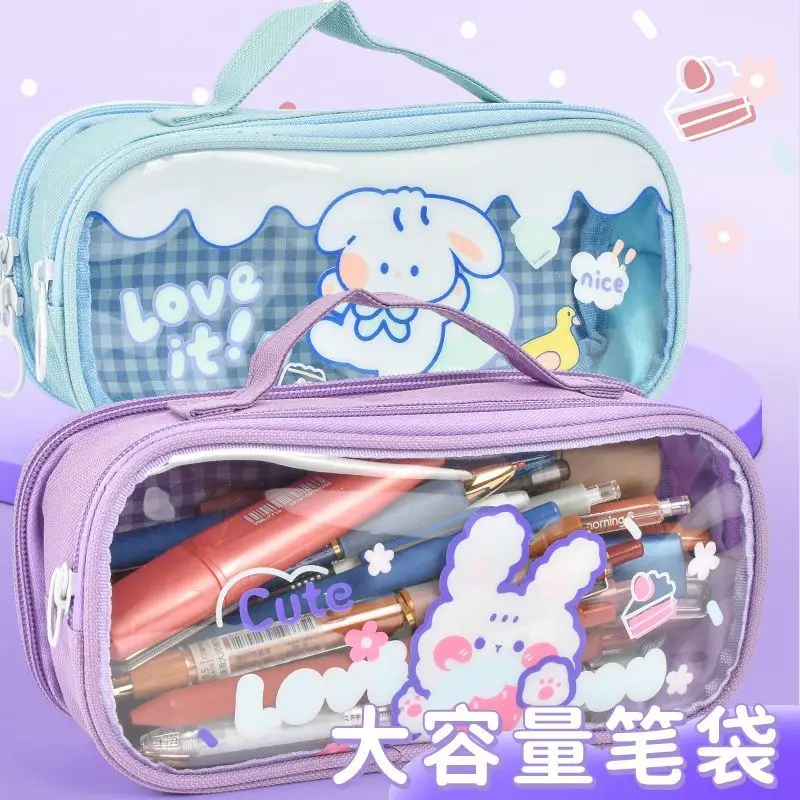 

Sanrio's new Cinnamoroll двухслойная прозрачная сумка для карандашей Студенческая сумка большой емкости для канцелярских принадлежностей карандаш яркий внешний вид