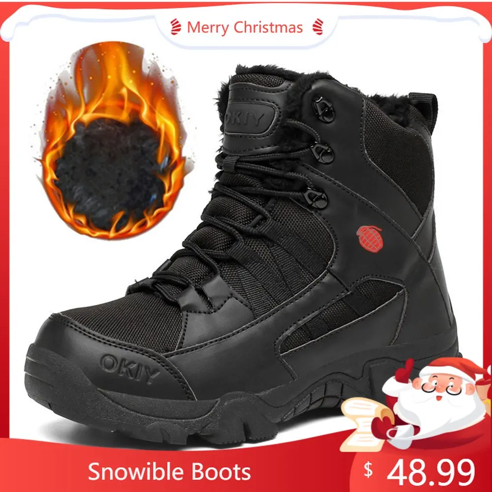 Winter Snow Boots For Men Military Tactical Boots Warm Plush Fur Thickened Ankle Warm Shoes Waterproof Hiking Skiing Motocycle