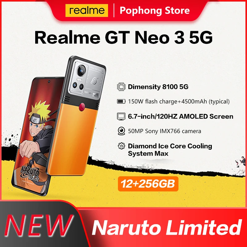 Realme GT Neo 3 MobilePhone 6.7 Inch AMOLED 120Hz 12GB RAM 256GB ROM Dimensity 8100 Octa Core 150W Power Charger