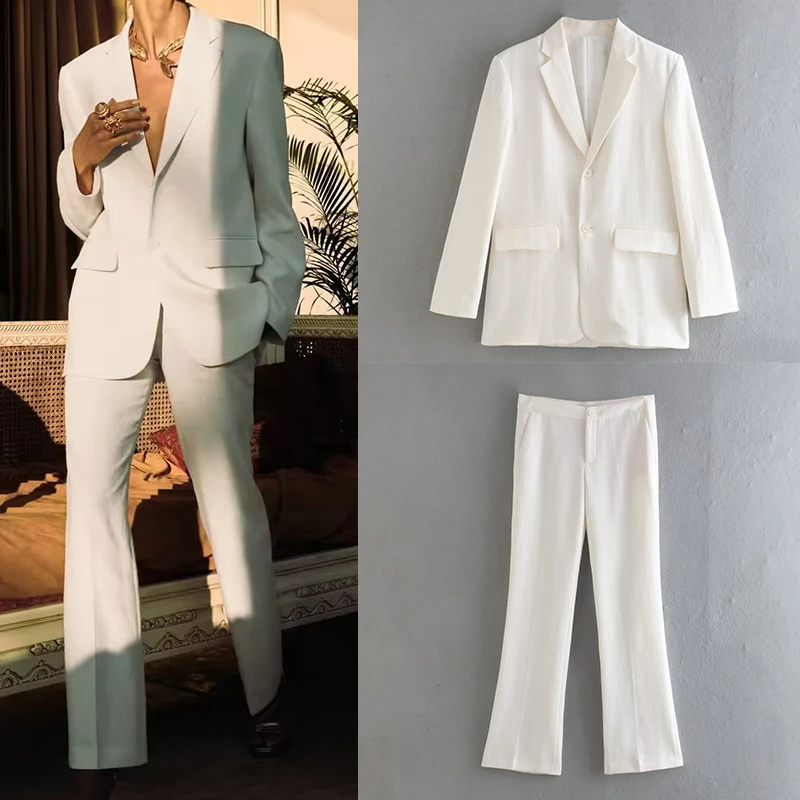

2022 Spring Women Versatile Long Sleeve Single-breasted Lapel White Blazer Low Waist Straight Pants Two Piece Suit CD8618