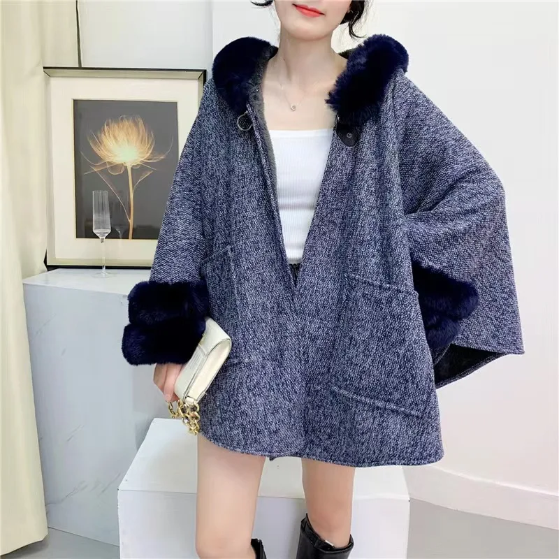 2023 Oversize Women Winter Batwing Sleeves Faux Rabbit Fur Cardigan Coat With Hat Thick Velvet Poncho Long Outstreet Wear Capes