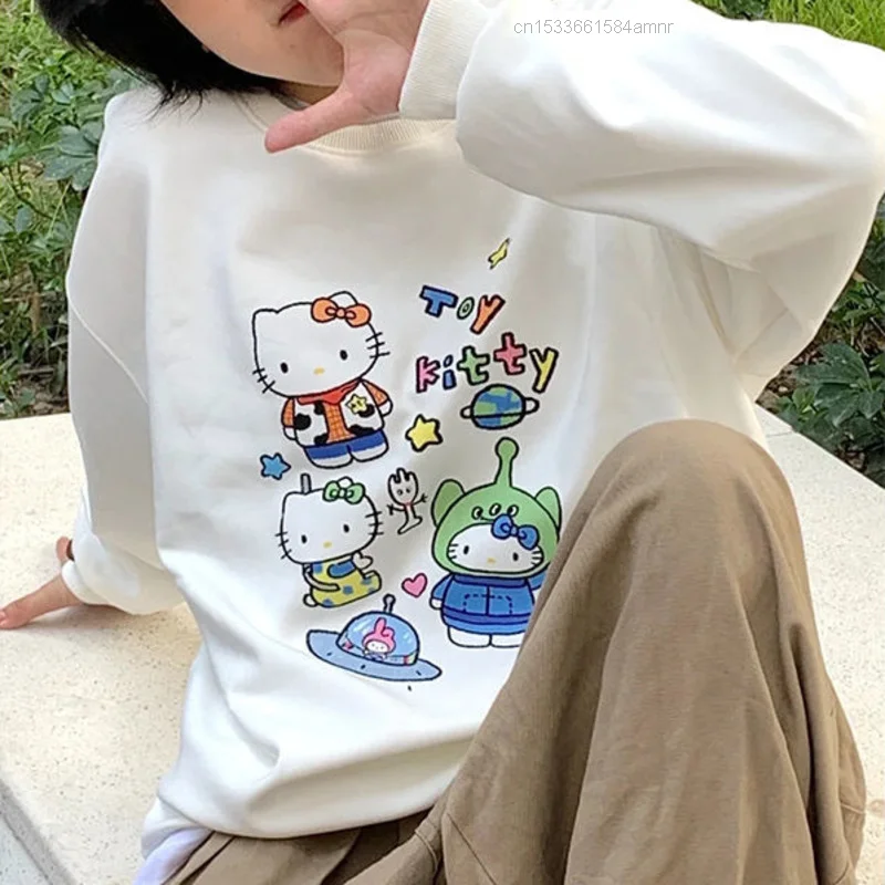 

Hello Kitty Sweatshirt Sweet Loose White Pullover For Women Childlike Cute Cartoon Print Y2k Top Sanrio Female Fashion Clothes