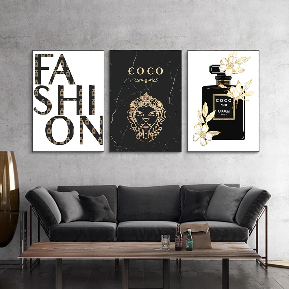 

Perfume Bottle Flower Luxury Canvas Painting And Print Coco Quotes Fashion Poster Murals Gold Wall Art Picture Room Home Decor
