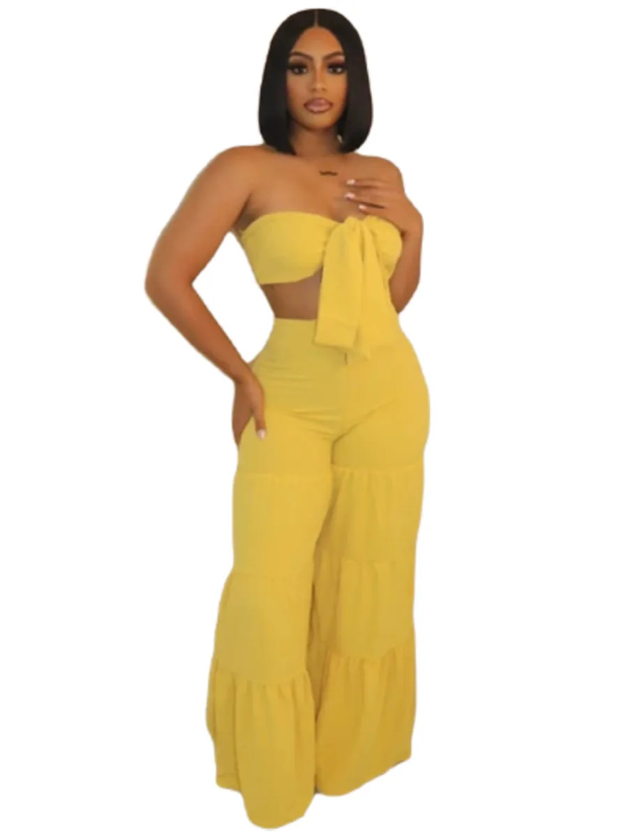 

Szkzk 2022 New sexy two piece set Women backless Crop Top bandage high waist ruffles Wide leg Long pants seaside party set