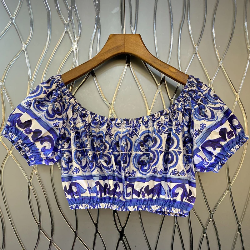 

Red RoosaRosee Blue White Porcelain Print Sexy Slash-neck Short Sleeve Cotton Tops 2022 Summer Wemen Designer Casual Clothes