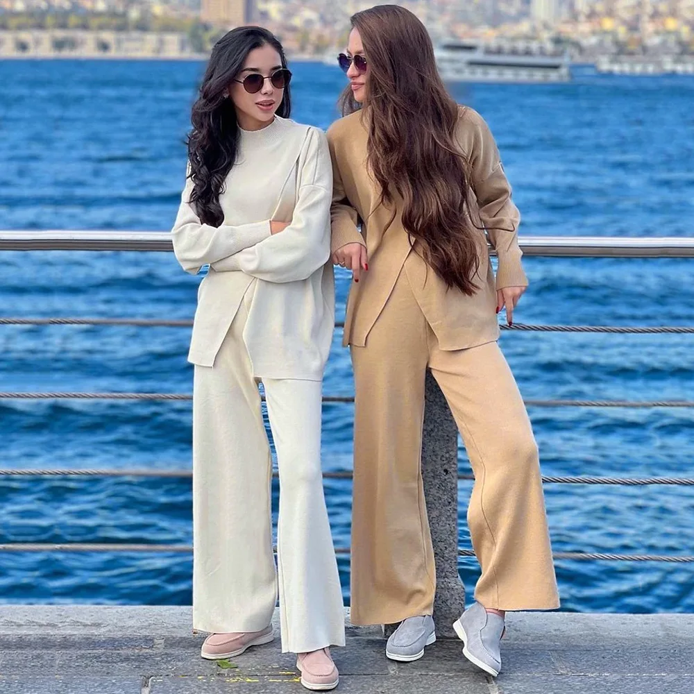 

Two Piece Sets Autumn Winter Women Sweaters Round Neck Solid Full Sleeve Tops Knitted Loose Simple Wide Leg Long Pants Set