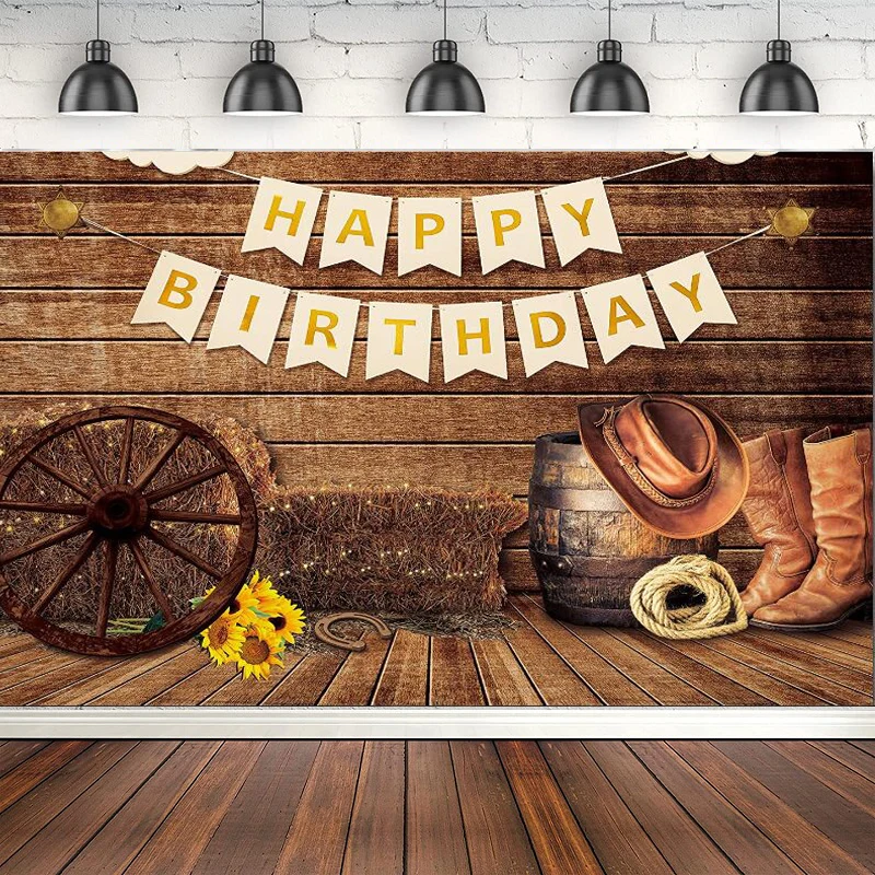 

Photography Backdrop Farm Barn Rustic Wood Happy Birthday Wooden Wild West Cowboy Country Men Boys Party Decor Background Banner