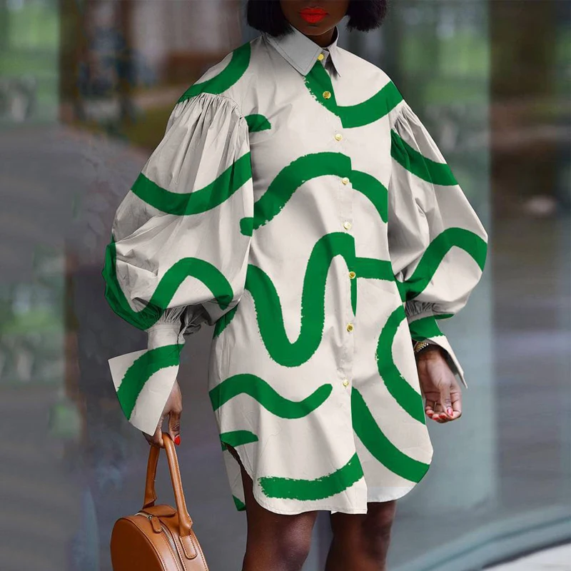 

Женское платье-рубашка на пуговицах, повседневное свободное мини-платье большого размера с пышными рукавами и принтом, 2021