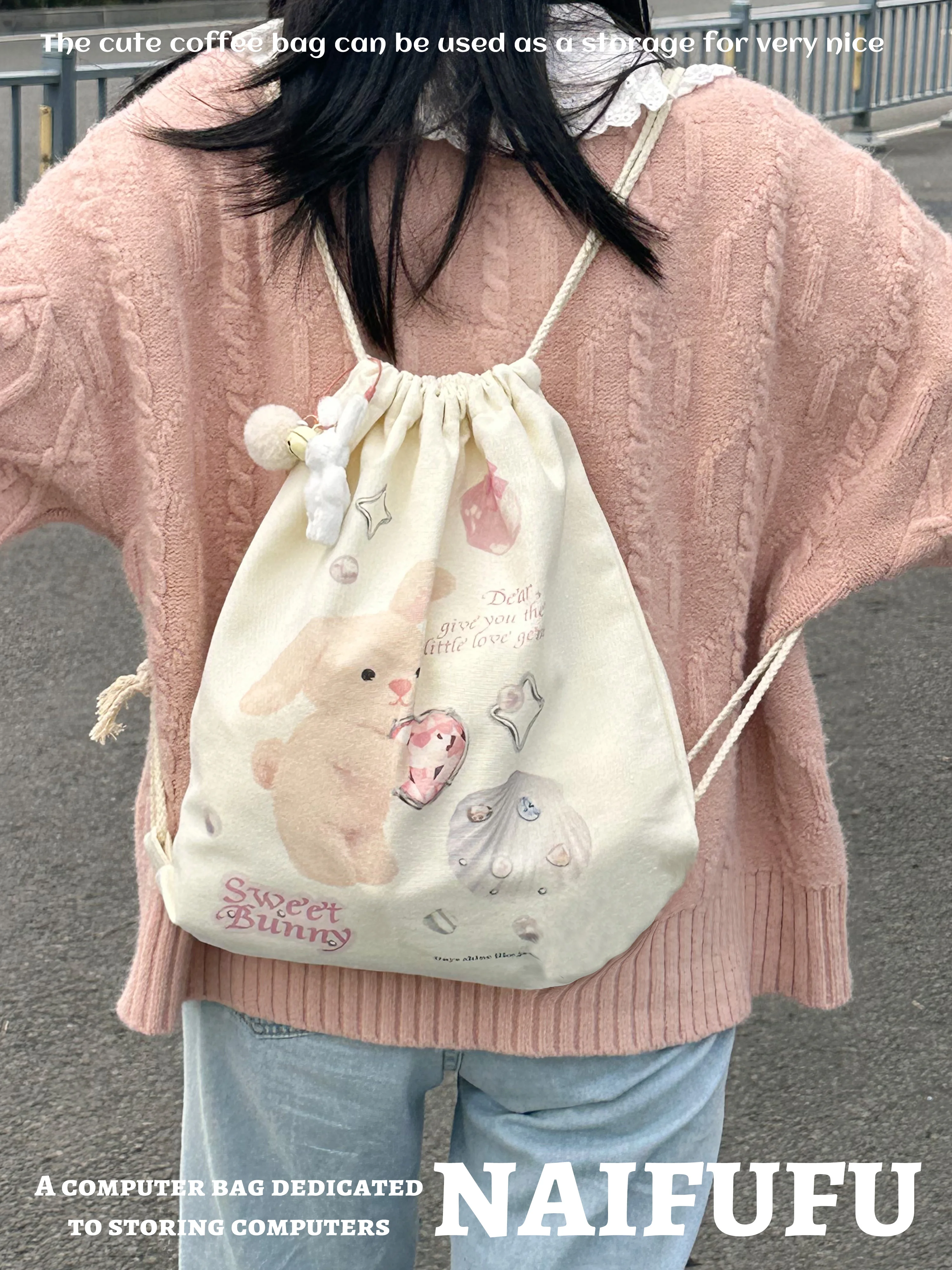 

Y2k Cute Rabbit Print Aesthetic Backpacks Cartoon Sweet Korean Kawaii Drawstring Shoulder Bags Preppy Schoolbag Women Travel Bag