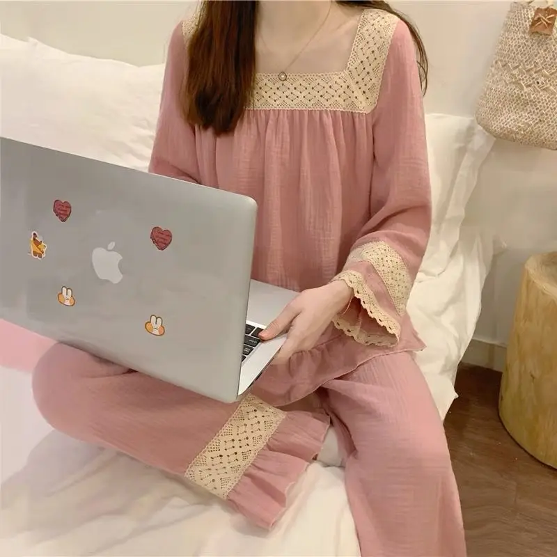 Kawaii одежда женская для сна пижамные комплекты с длинными рукавами и квадратным