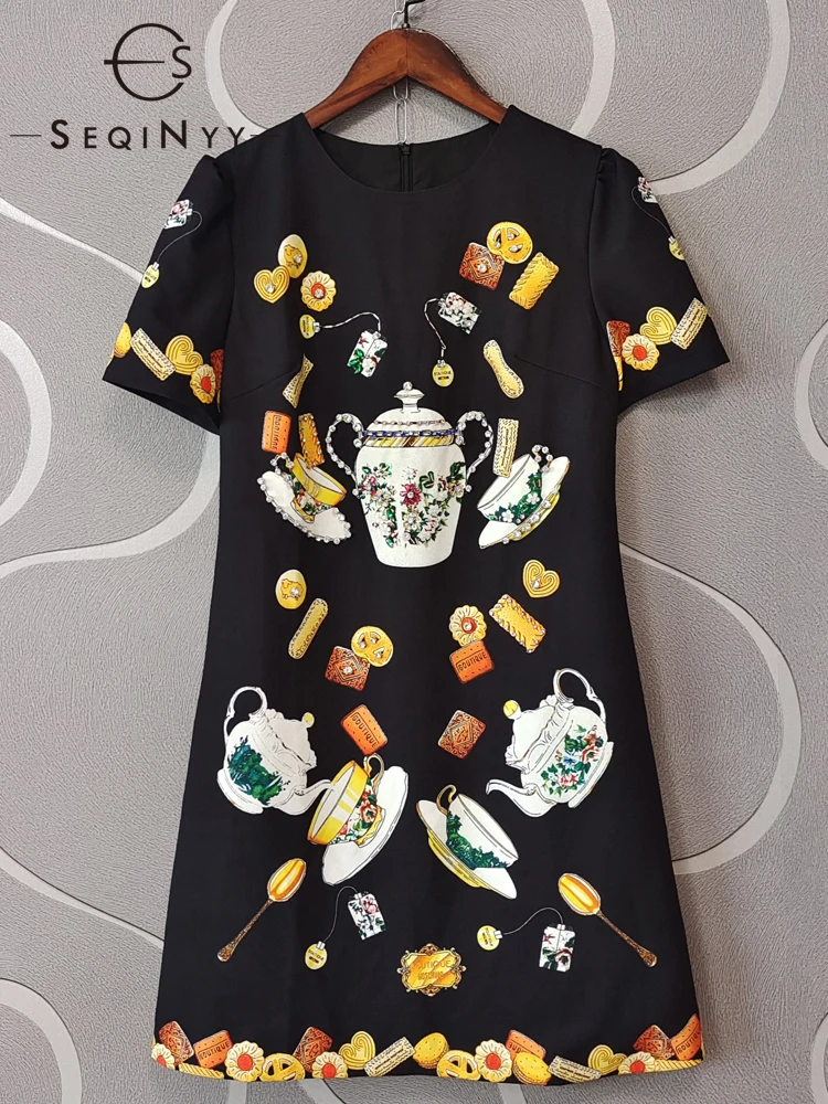 

SEQINYY Black Mini Dress Summer Spring New Fashion Design Women Runway Crystal High Quality Teapot Vintage Print Sicily