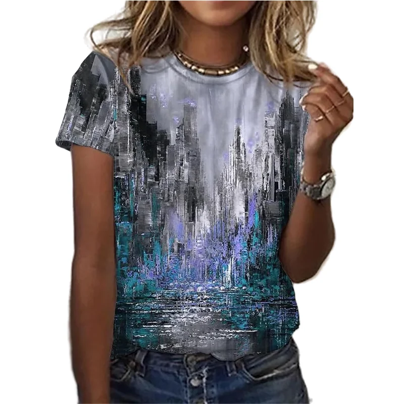 

2022 trend short-sleeved T-shirt women 3D flower print oil painting shirt summer round neck loose comfortable T-shirt