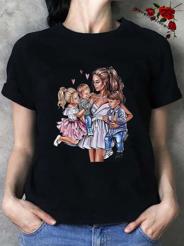 

Women T Shirt Cartoon Mom Daughter Son Print Lady T-shirts Summer Short Sleeve Tops Women's Kawaii Graphic Female Tshirt Clothe