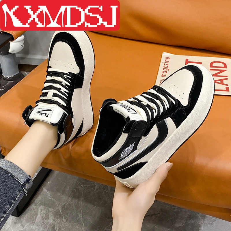 

2022 Winter High-Top Sports Shoes Women Plus Velvet Warm Casual Shoes Lace-Up Color Matching Plus Velvet Sneakers T