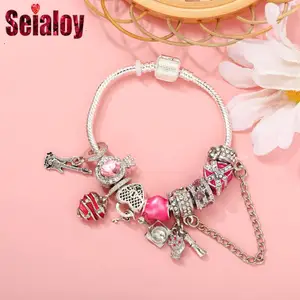 Seialoy Pink Crystal Heart Beads Silver Color Bracelet & Bangle Bachelor's Hat And Guitar Charm Bracelets For Women Men