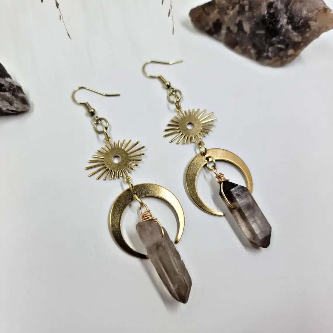 

Celestial Moon Smoky Quartz Earrrings,Witchy Eye Sun Crystal Earrings,Crystal Witch Gift,Goddess Jewelry,Witch Statement Earring