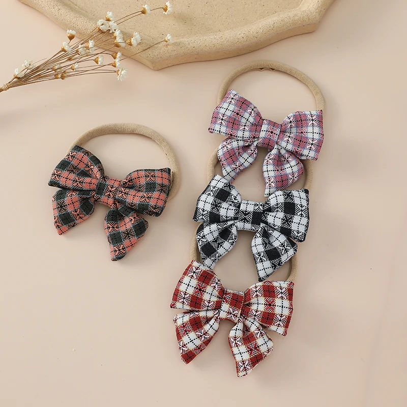 

Traceless Girl Bows Headband Plaid Baby Head Band Cotton Linen Hairbands Kids Elastic Hair Accessories Toddler Classical Bandage