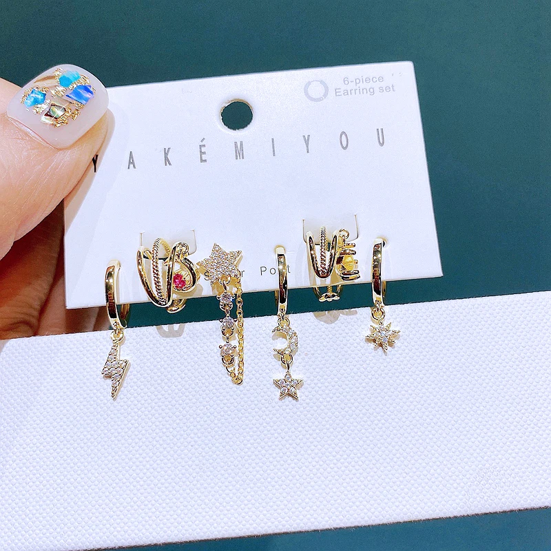 High Quality 6pcs Crystal Moon Star Ear Cuff Dangle Earrings Set Gold Color Cubic Zircon Women Jewelry