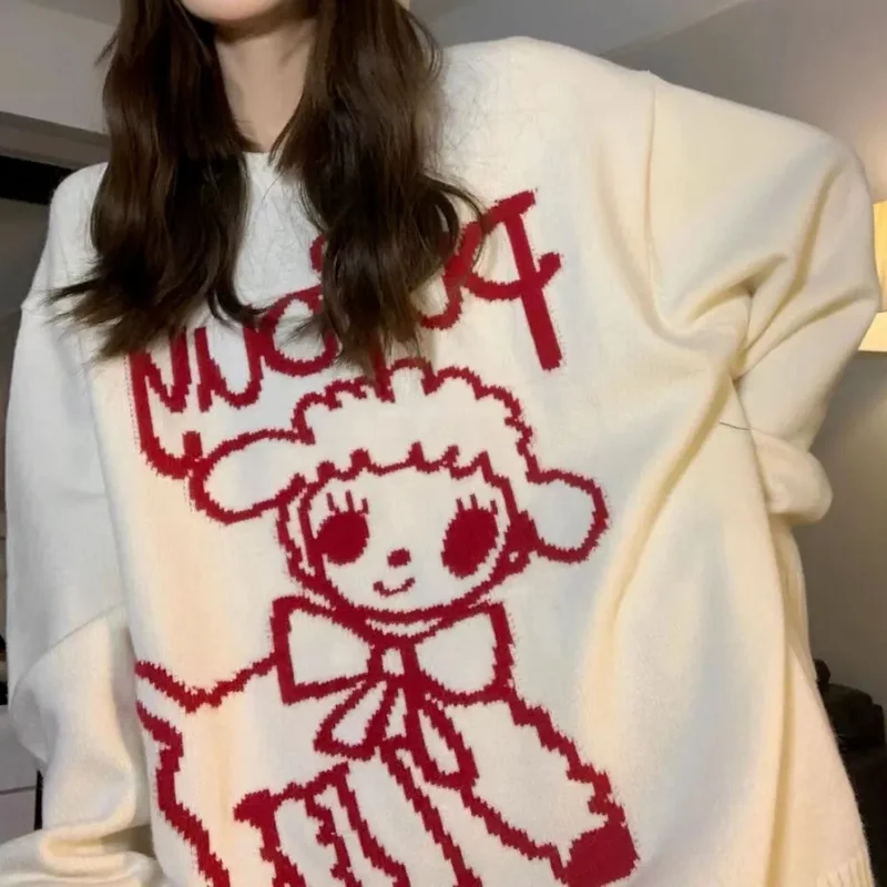 Deeptown Kawaii Korean Style Sheep Print Oversize White Sweater Women Cute Harajuku Hip Hop O-neck Jumper Female Top Winter 2021