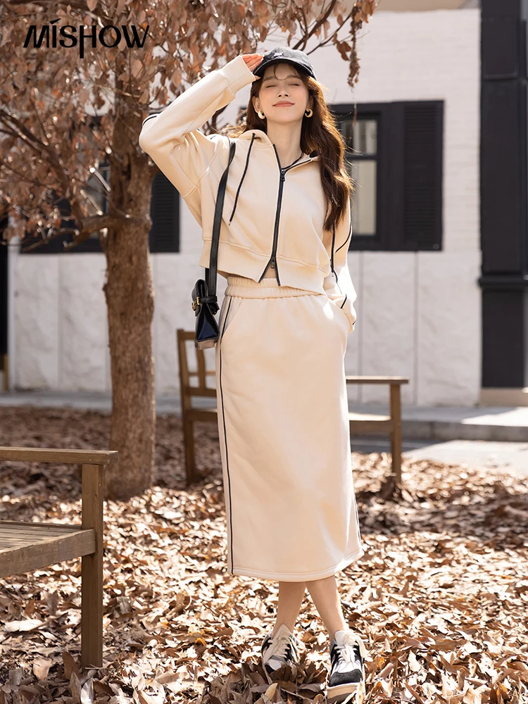 MISHOW Fall Outfits Women 2022 Korean Fashion Sports Dress Sets New Solid Zipper Hoodie Elegant Mid-calf Split Skirts MXB44T0570