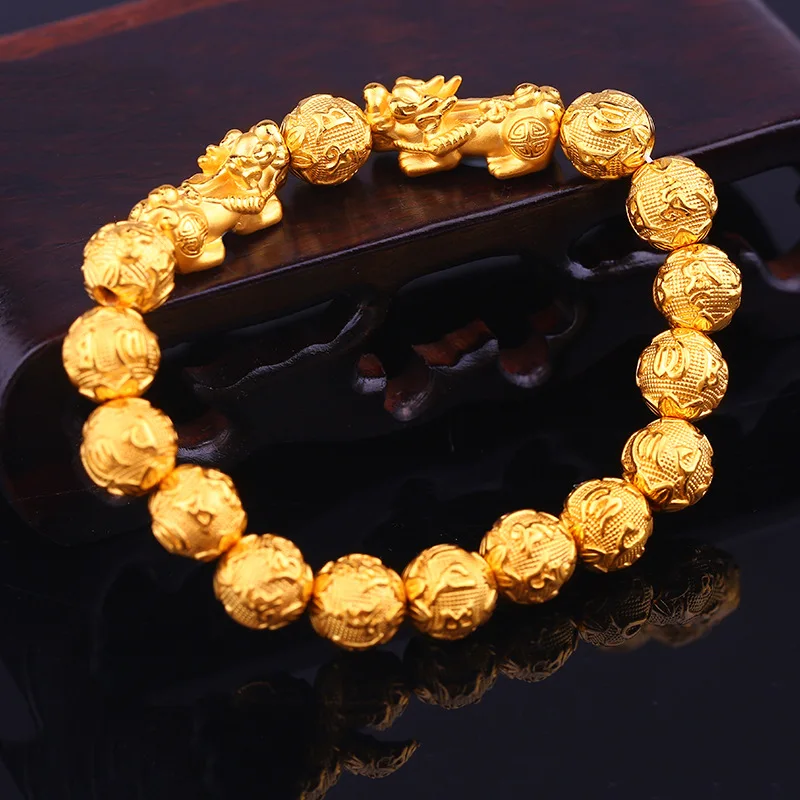 

Feng Shui Pixiu Guardian Vietnam Sand Gold Color Bracelet Carved Bring Lucky Fortune Beads Feng Shui Wristband Unisex 10mm