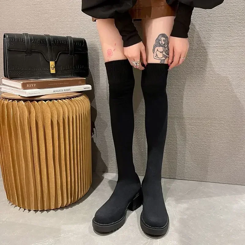 Женские эластичные сапоги выше колена на весну и осень длинные до бедра для