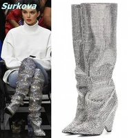 shiny full diamond boots knee high pointy toe wedges slip on boots hottest sexy women shoes high quality party catwalk