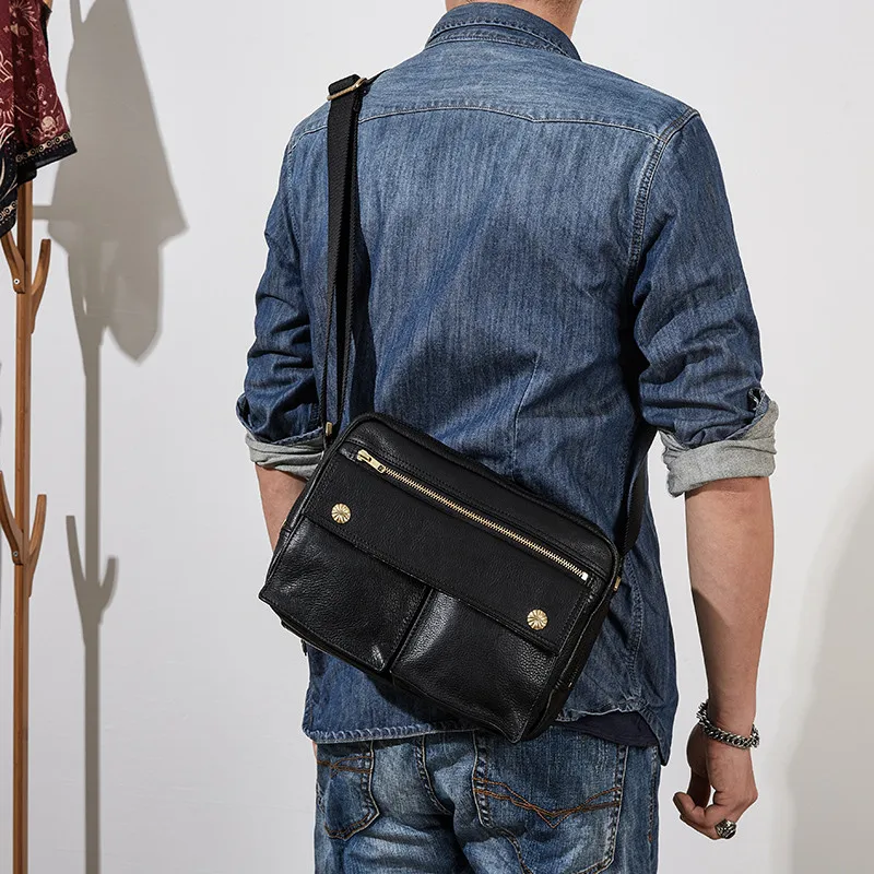 Casual luxury genuine leather men's black messenger bag outdoor designer high-quality natural first layer cowhide shoulder bag