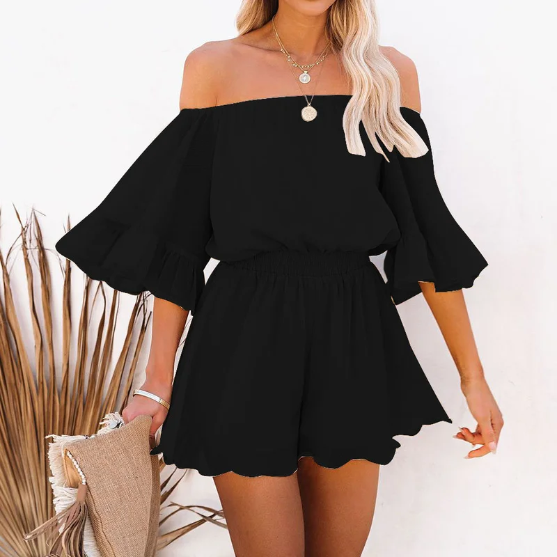 Women Casual Ruffle Beach Romper Bodysuits Summer Off Shoulder Loose Playsuits 2021 Elegant Flare Sleeve Chiffon Short Jumpsuits