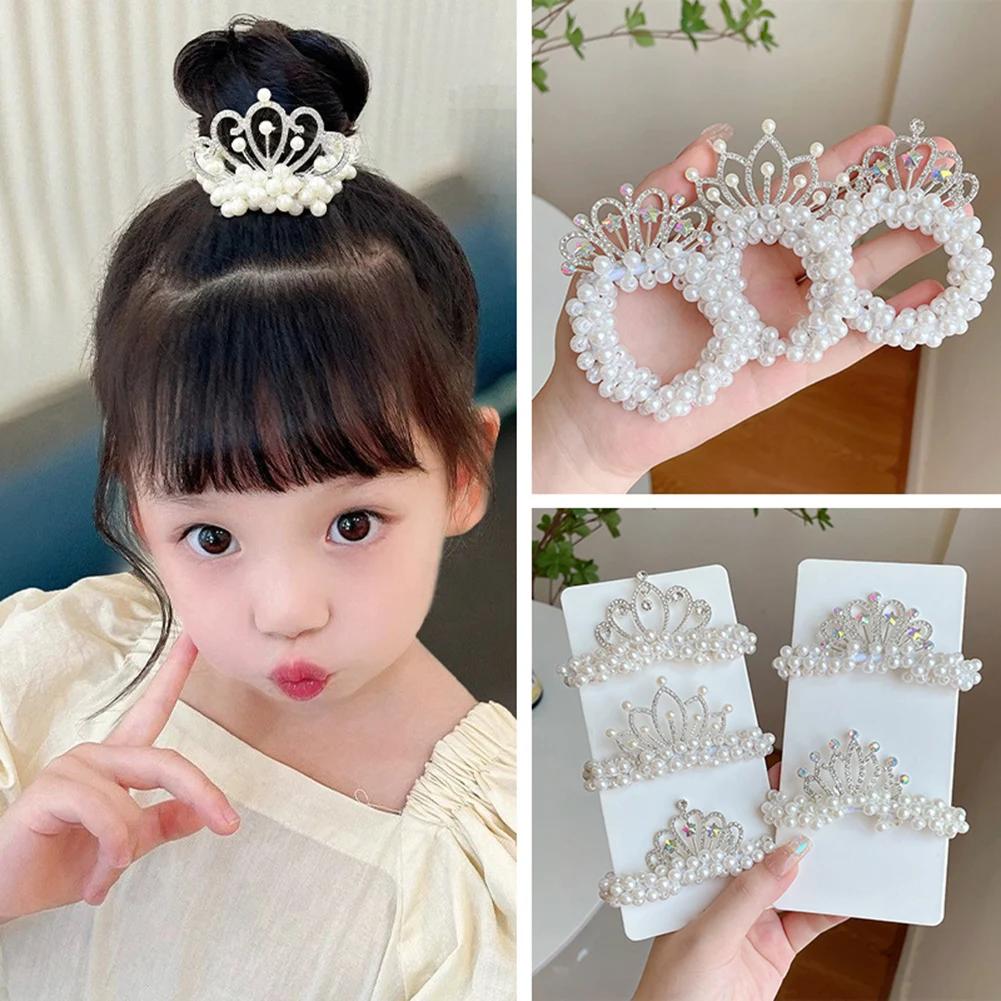 

Kids Cute Crown Tiara Pearl Hair Ties Beads Girls Scrunchies Rubber Bands Ponytail Holders Hair Accessories Elastic Hair Band