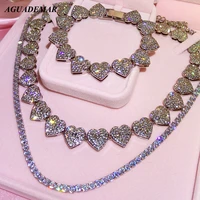 trendy bling heart shaped cuban link necklace bracelet for women full rhinestones paved cuban link chain choker iced out jewelry