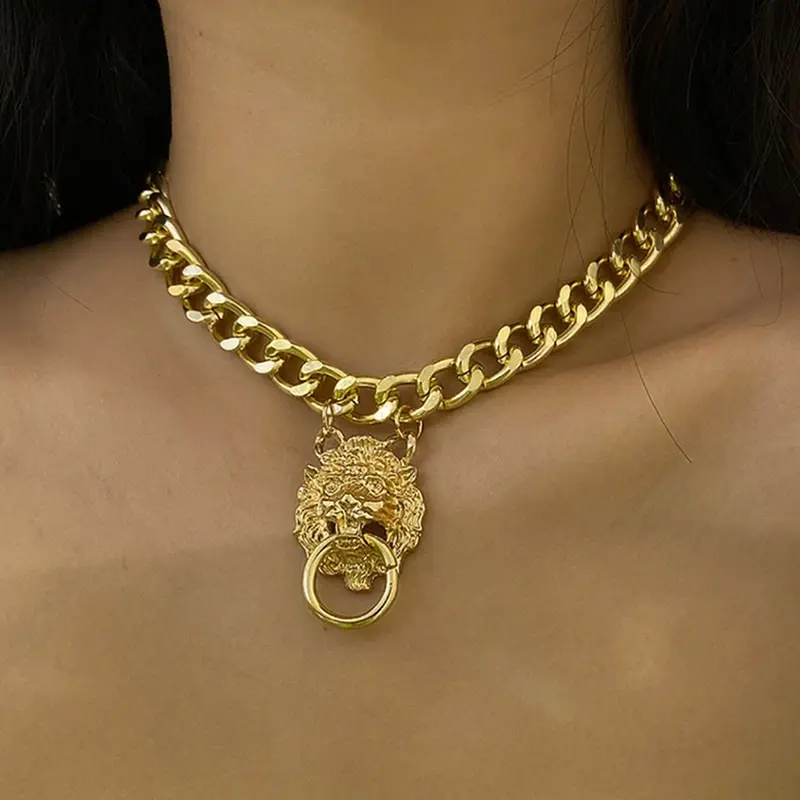 

Punk Hip-hop Exaggerated Metal Lion Head Pendant Collar Necklace Women's Gold Choker Jewelry Accessories