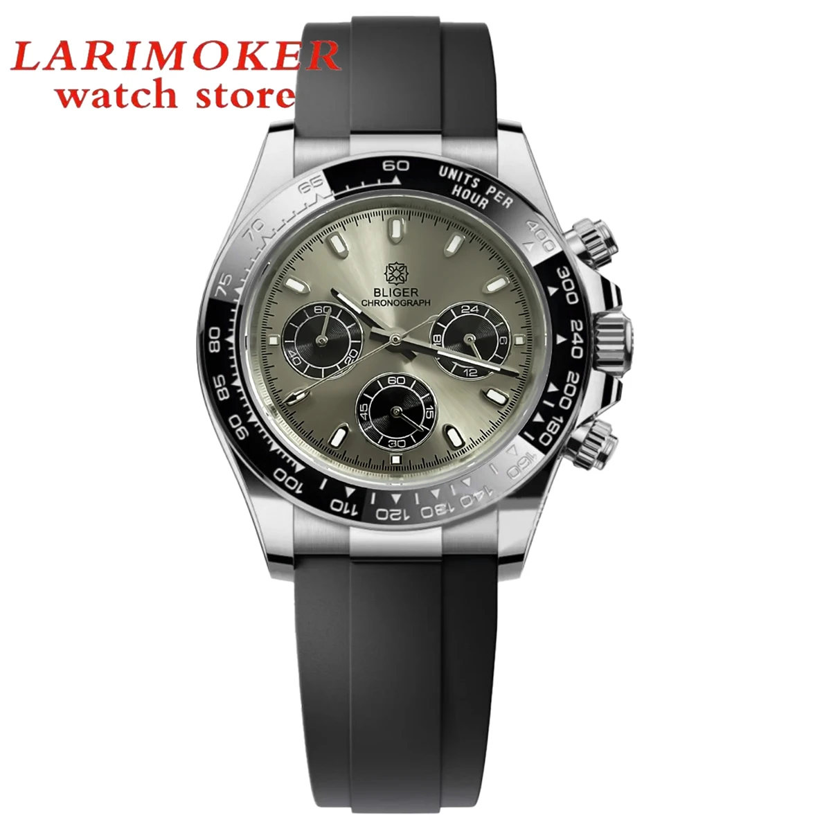 Серый циферблат BLIGER хронограф VK63 кварцевый 39 мм сапфировый цвет черный ободок C3
