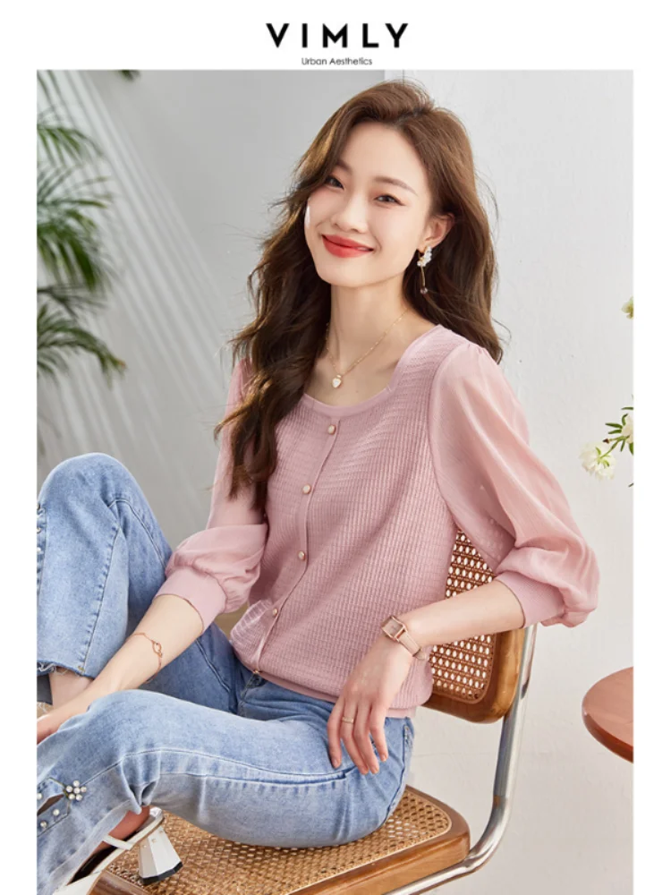 

Vimly Elegant Pink Sweater for Women 2023 Summer Fashion Square Collar Patchwork Three Quarter Sleeve Slim Jumper Tops Knitwear
