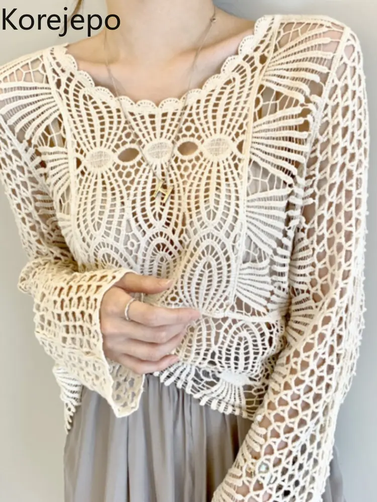 

Корейская кружевная вязаная одежда с цветочным узором Корейская шикарная Милая Темпераментная Женская Осенняя новая верхняя одежда нежны...