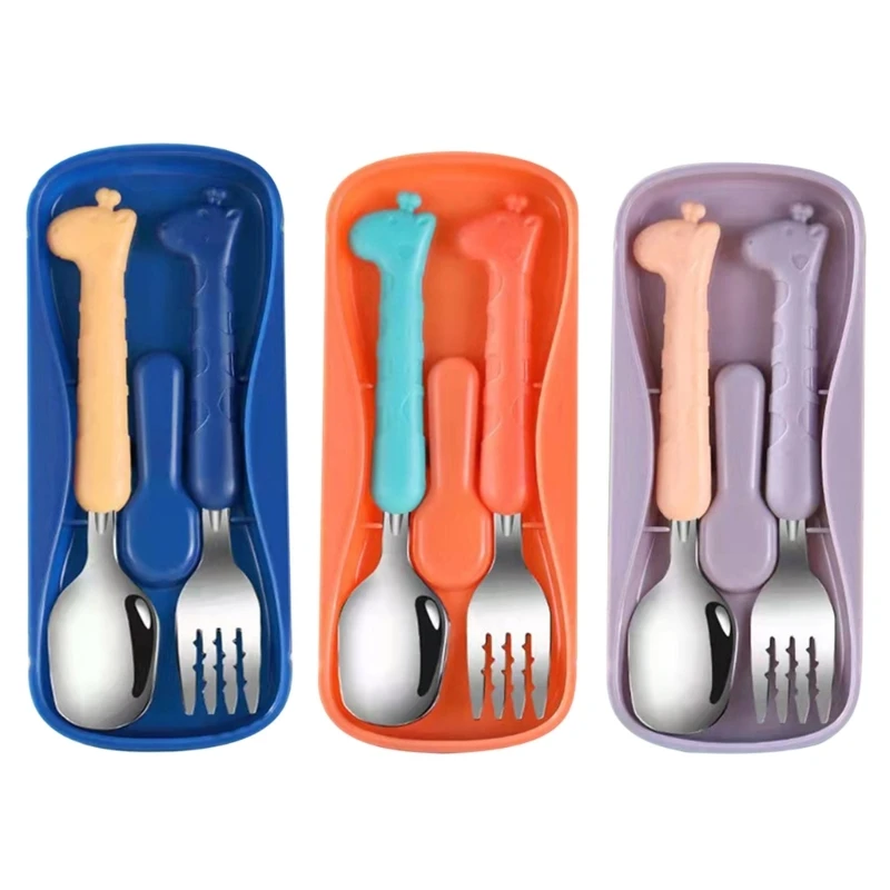 

2pcs Baby Gadgets Tableware Feeding Cartoon Spoon Fork Stainless Steel Utensils