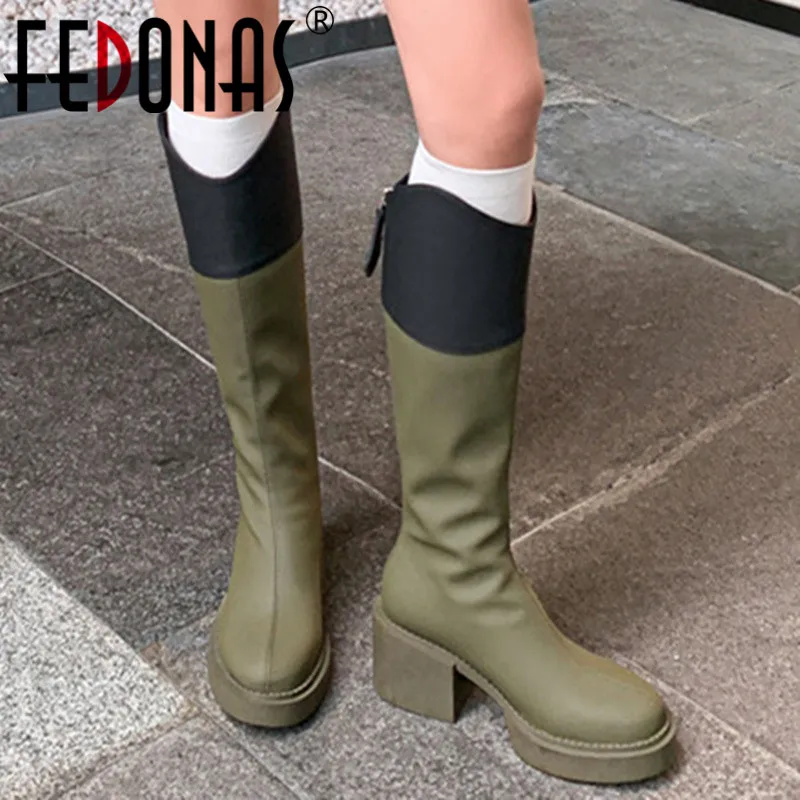 

Женские Классические сапоги до колена FEDONAS, коричневые теплые ботинки из бычьей кожи, обувь для офиса и вечеринки на осень и зиму 2021