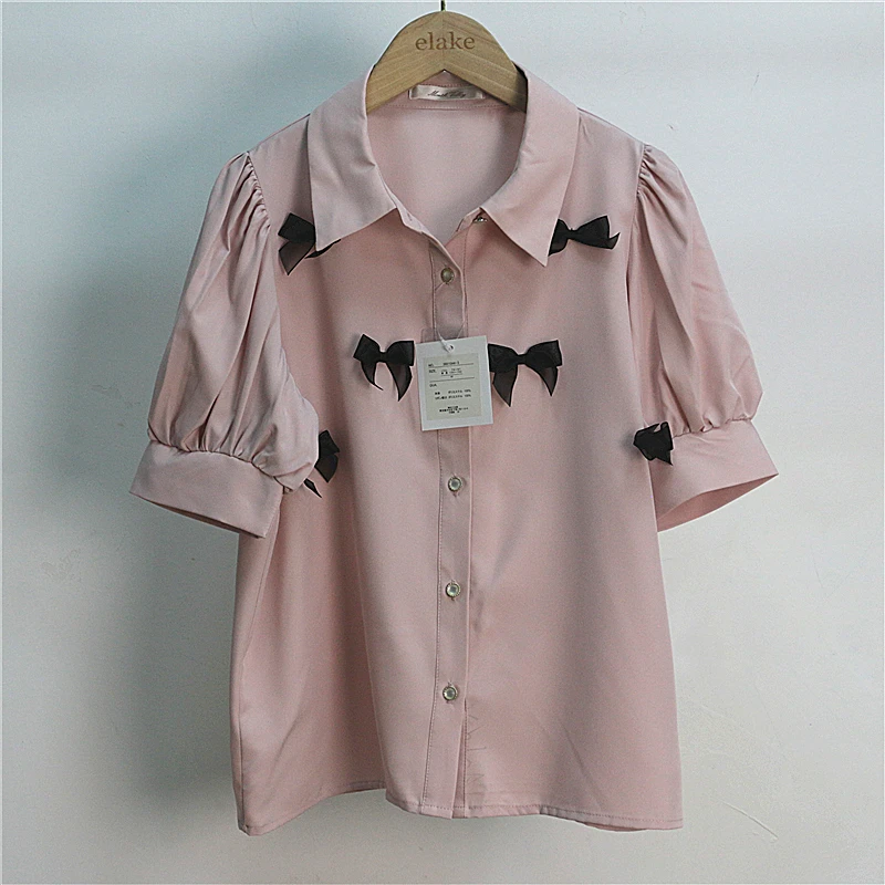 Японский продукт Rojita летняя блузка с бантом и коротким рукавом Однотонная Милая